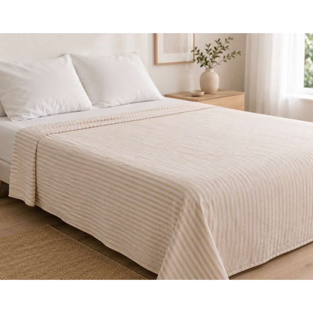 Quince 100% European Linen Queen Flat Sheet Beige Sand White Striped YP001